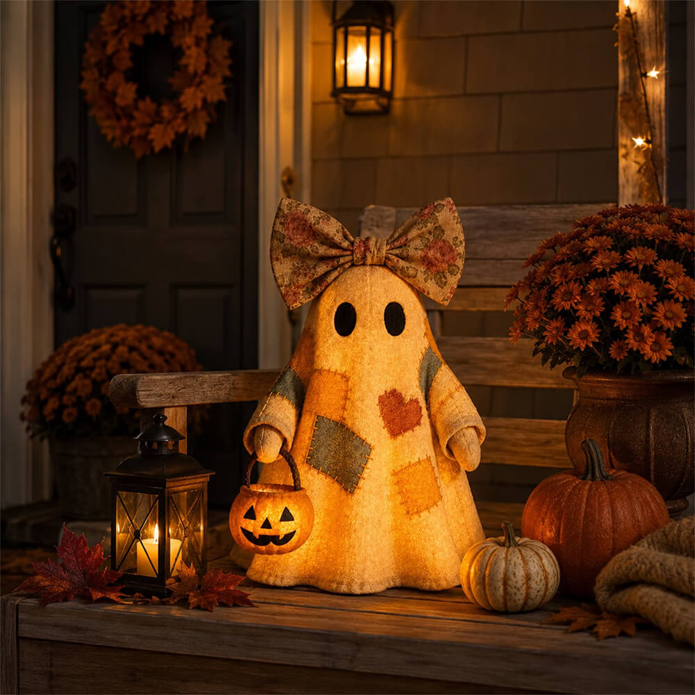 2pcs Patchwork Ghost Decor Light-Up Halloween Decor Ornament with Bow and Glowing Pumpkin Pail