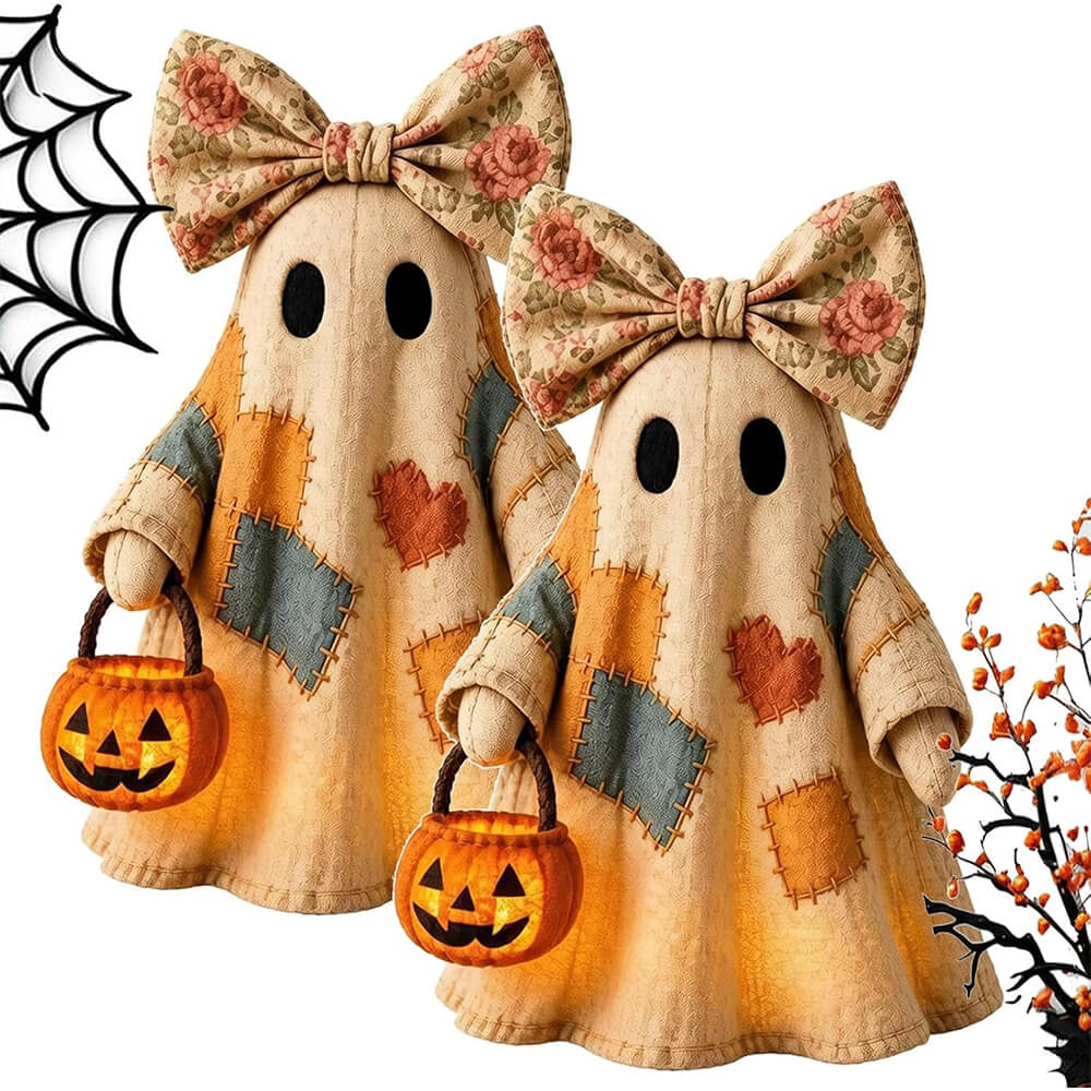 2pcs Patchwork Ghost Decor Light-Up Halloween Decor Ornament with Bow and Glowing Pumpkin Pail