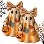 2pcs Patchwork Ghost Decor Light-Up Halloween Decor Ornament with Bow and Glowing Pumpkin Pail