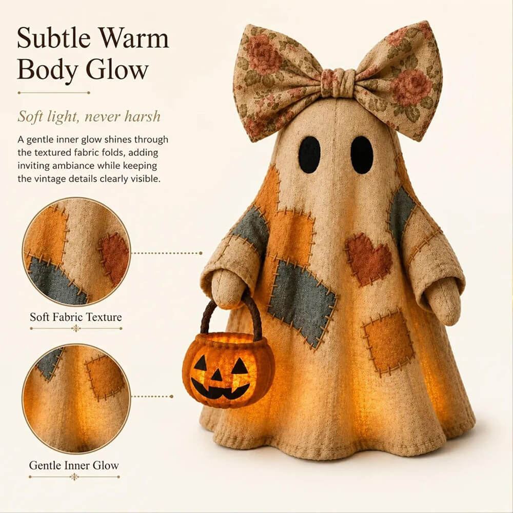 2pcs Patchwork Ghost Decor Light-Up Halloween Decor Ornament with Bow and Glowing Pumpkin Pail