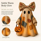 2pcs Patchwork Ghost Decor Light-Up Halloween Decor Ornament with Bow and Glowing Pumpkin Pail