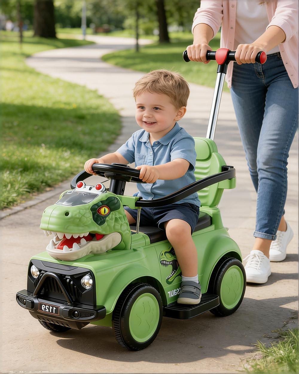 3-In-1 Push Car Baby Stroller Electric Dino Ride-on Car with Detachable Guardrail and Handle