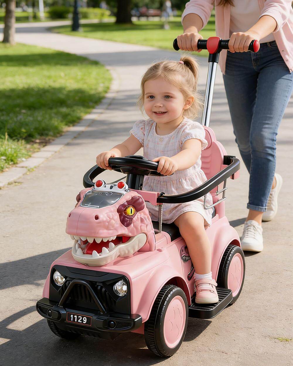 3-In-1 Push Car Baby Stroller Electric Dino Ride-on Car with Detachable Guardrail and Handle