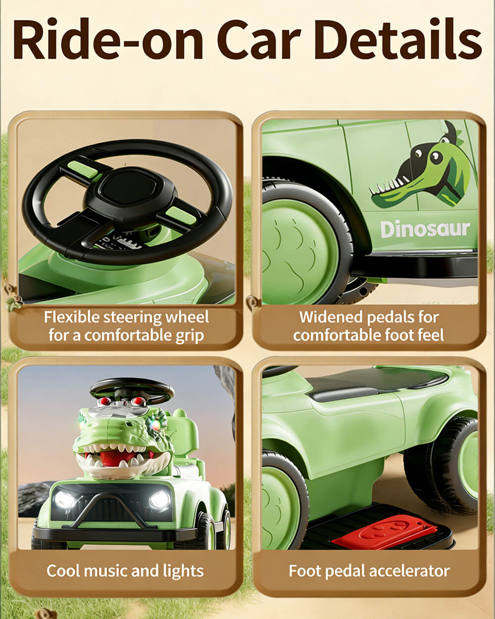 3-In-1 Push Car Baby Stroller Electric Dino Ride-on Car with Detachable Guardrail and Handle