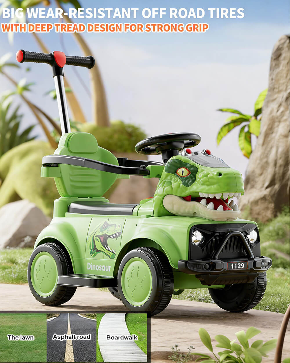 3-In-1 Push Car Baby Stroller Electric Dino Ride-on Car with Detachable Guardrail and Handle