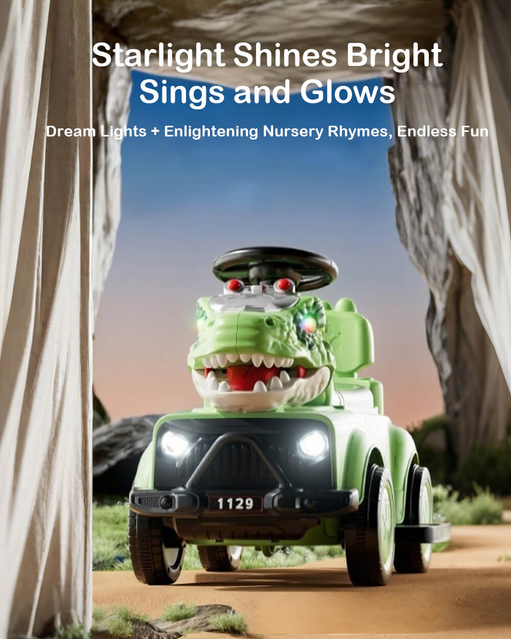 3-In-1 Push Car Baby Stroller Electric Dino Ride-on Car with Detachable Guardrail and Handle