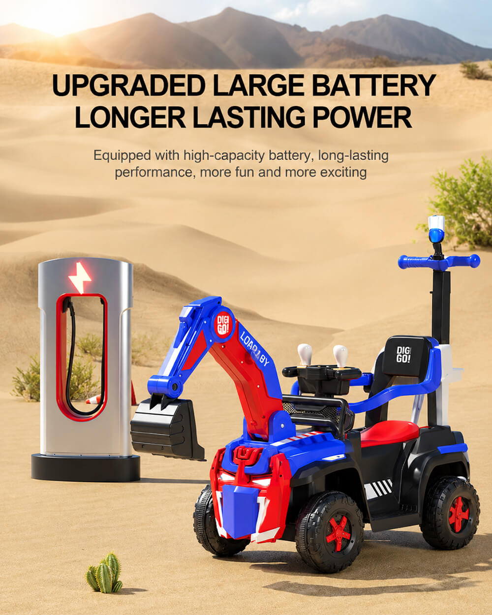 3-in-1 Kids Ride On Excavator 6V Battery Powered Push Car with Electric Digging Arm and Safety Guardrail