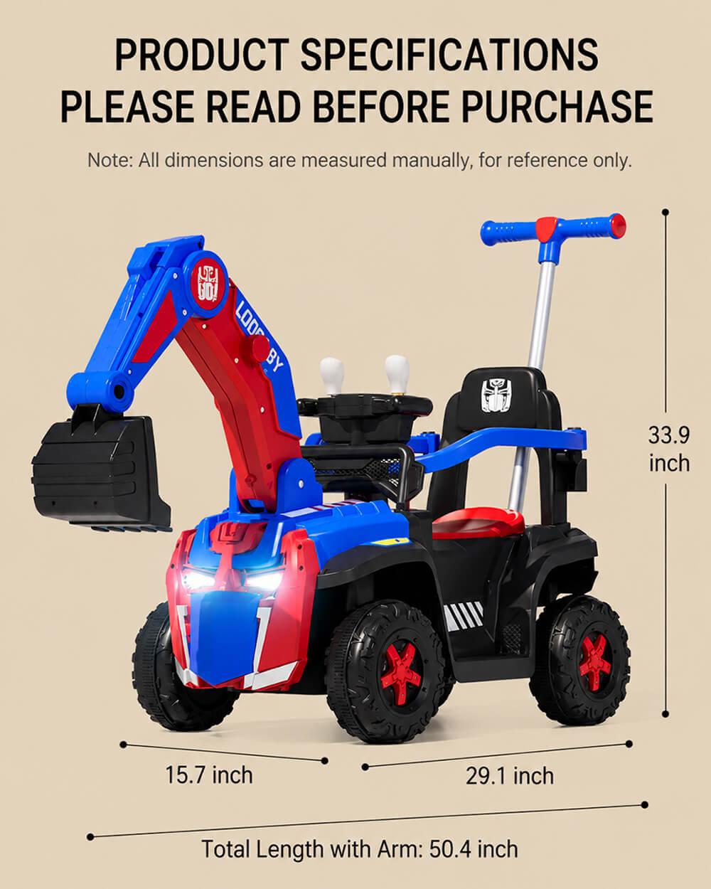 3-in-1 Kids Ride On Excavator 6V Battery Powered Push Car with Electric Digging Arm and Safety Guardrail