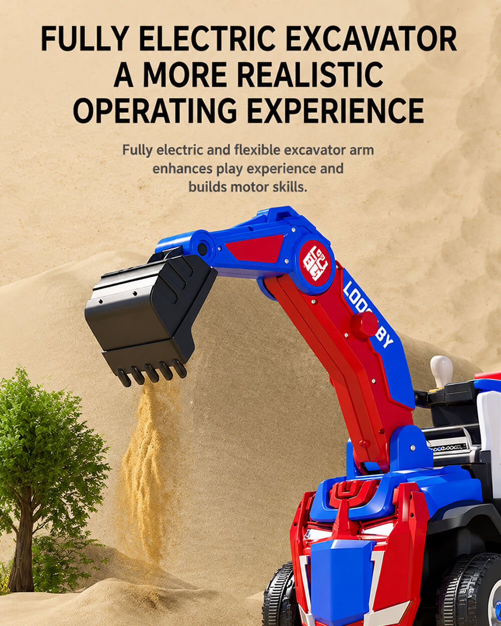 3-in-1 Kids Ride On Excavator 6V Battery Powered Push Car with Electric Digging Arm and Safety Guardrail
