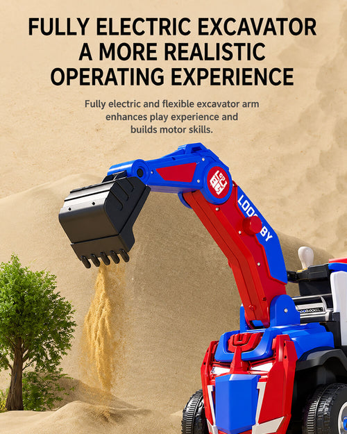 3-in-1 Kids Ride On Excavator 6V Battery Powered Push Car with Electric Digging Arm and Safety Guardrail