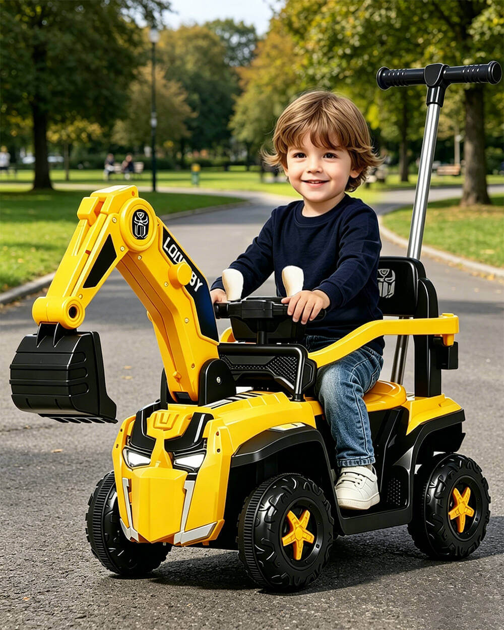 3-in-1 Kids Ride On Excavator 6V Battery Powered Push Car with Electric Digging Arm and Safety Guardrail