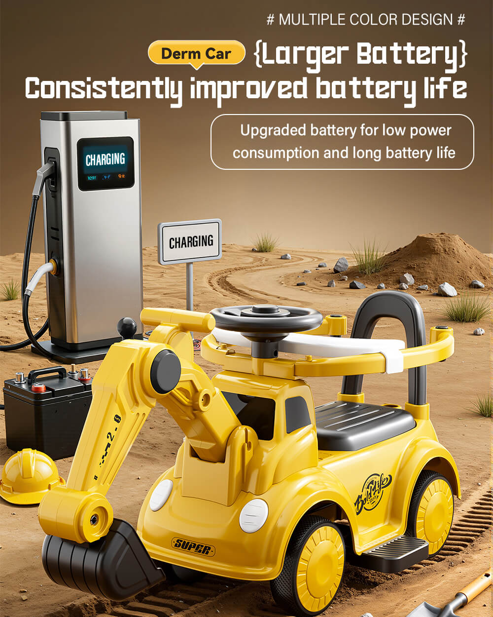 3-in-1 Toddler Electric Excavator Kids 6V Ride-On Push Car with Adjustable Handle and Guardrail