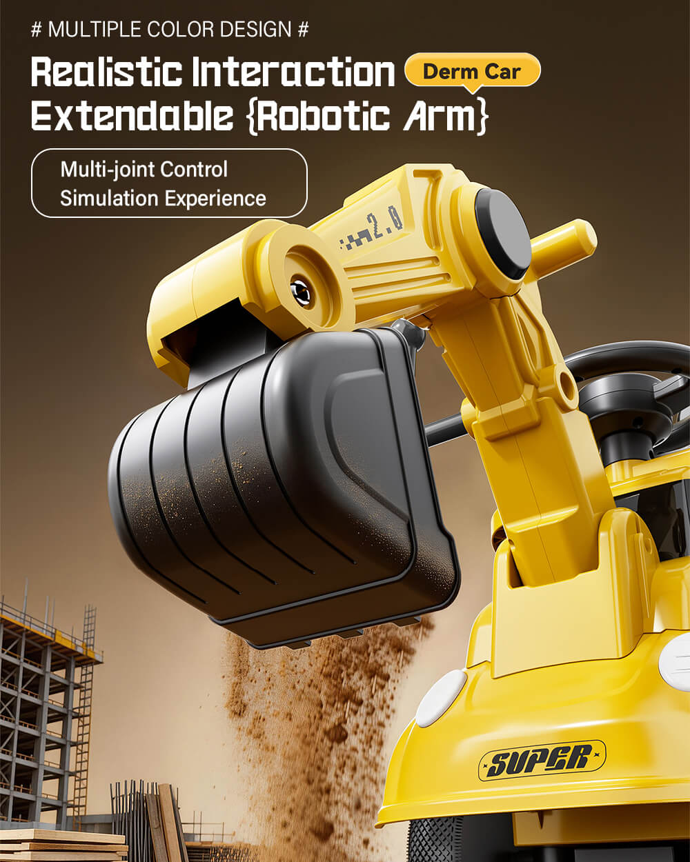 3-in-1 Toddler Electric Excavator Kids 6V Ride-On Push Car with Adjustable Handle and Guardrail