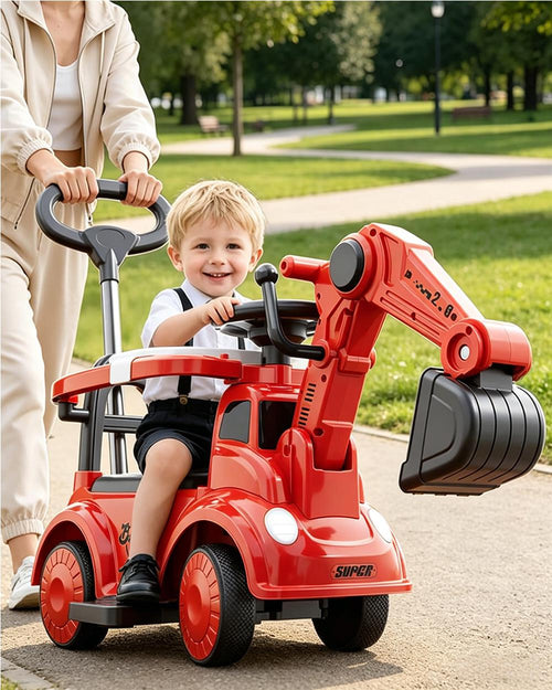 3-in-1 Toddler Electric Excavator Kids 6V Ride-On Push Car with Adjustable Handle and Guardrail