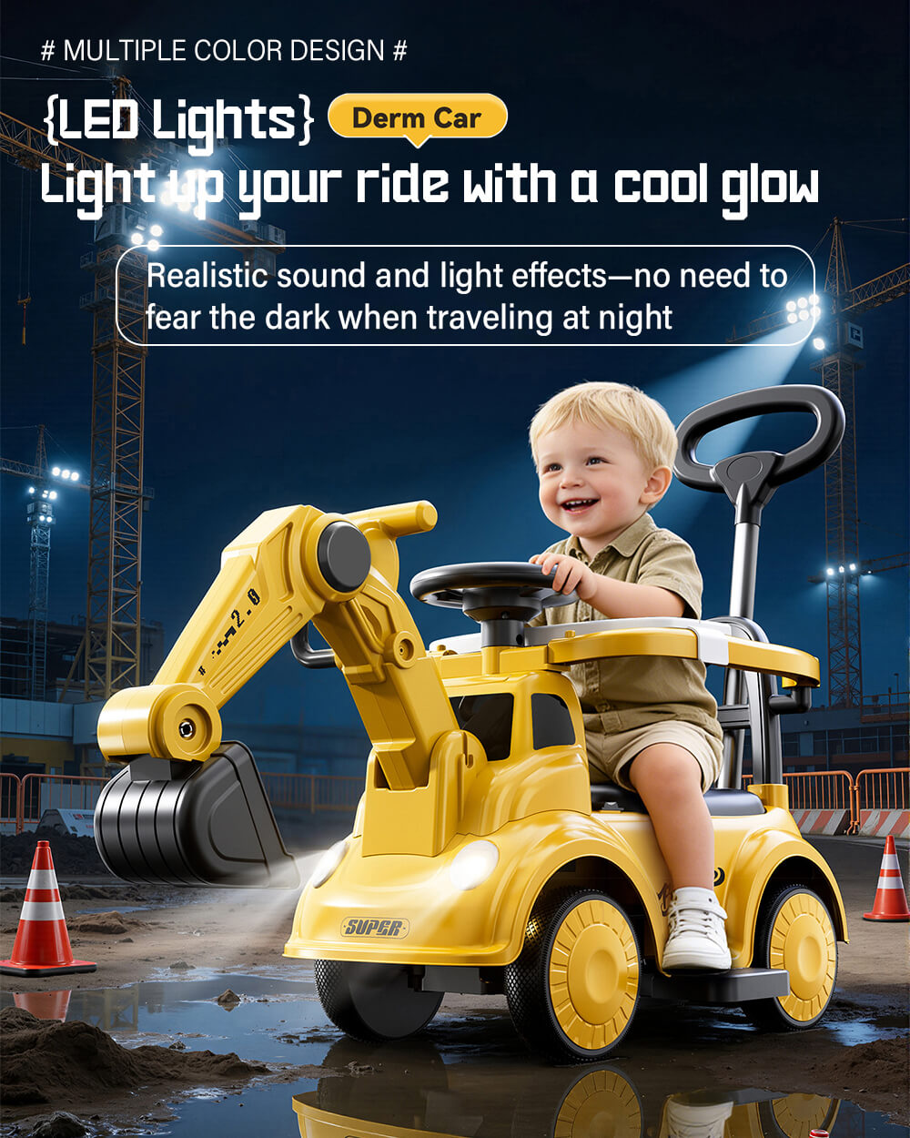 3-in-1 Toddler Electric Excavator Kids 6V Ride-On Push Car with Adjustable Handle and Guardrail