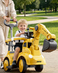 3-in-1 Toddler Electric Excavator Kids 6V Ride-On Push Car with Adjustable Handle and Guardrail