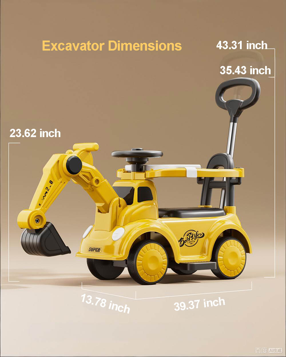 3-in-1 Toddler Electric Excavator Kids 6V Ride-On Push Car with Adjustable Handle and Guardrail