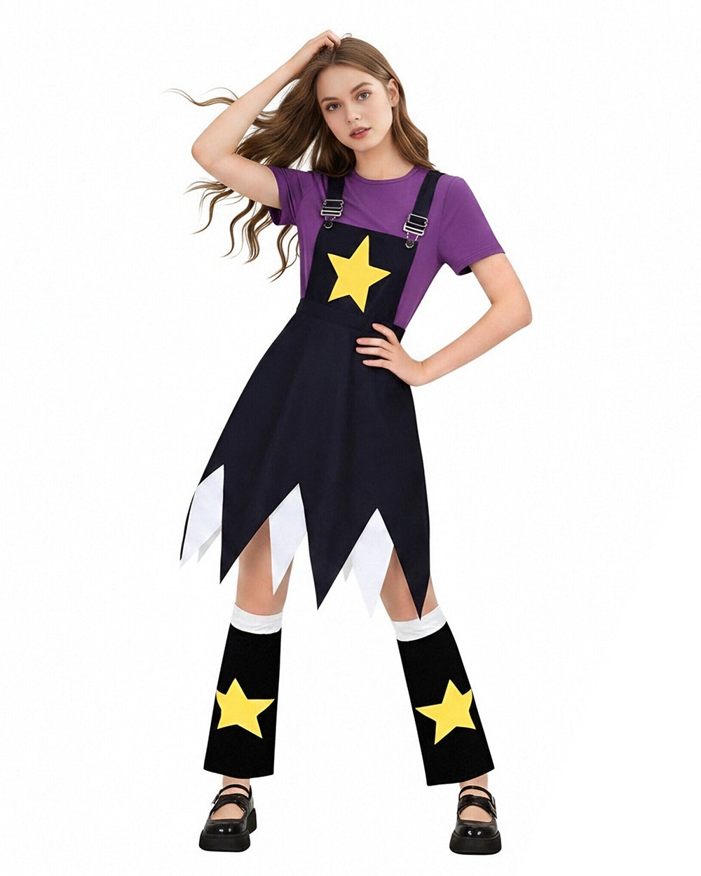 Star Doll Costume Purple Shirt with Suspender Skirt and Matching Leg Covers for Horror Game Fans
