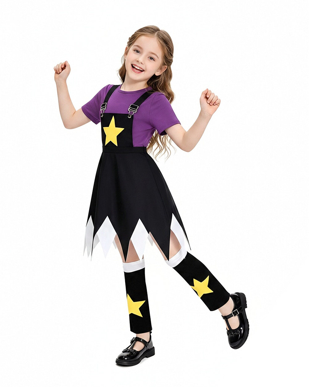 Star Doll Costume Purple Shirt with Suspender Skirt and Matching Leg Covers for Horror Game Fans