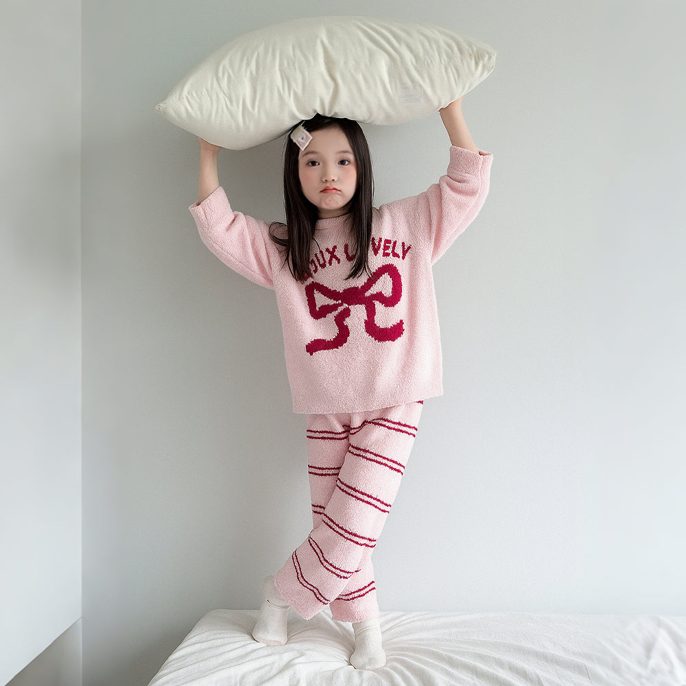 Girls Holiday Christmas Pajamas Soft Pink Sherpa Top with Striped Pants for Homewear