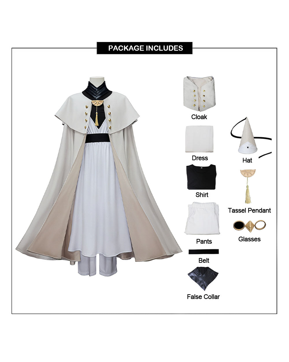 Witch Master Qifrey Costume Full Set with Cloak Dress Pointed Wizard Hat and Gold Glasses for Magic Mentor Roleplay