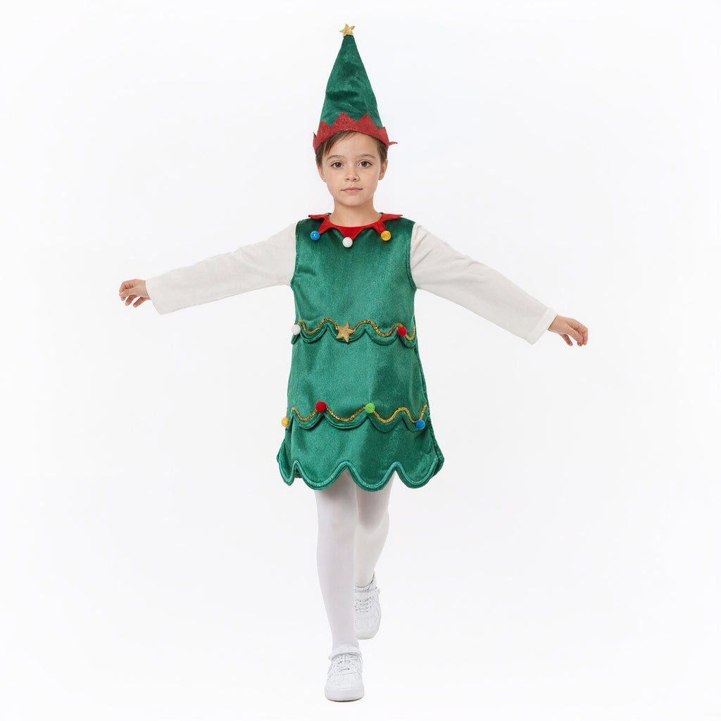 Kids Christmas Tree Costume Green Xmas Dress Hat and White Pantyhose for Girls