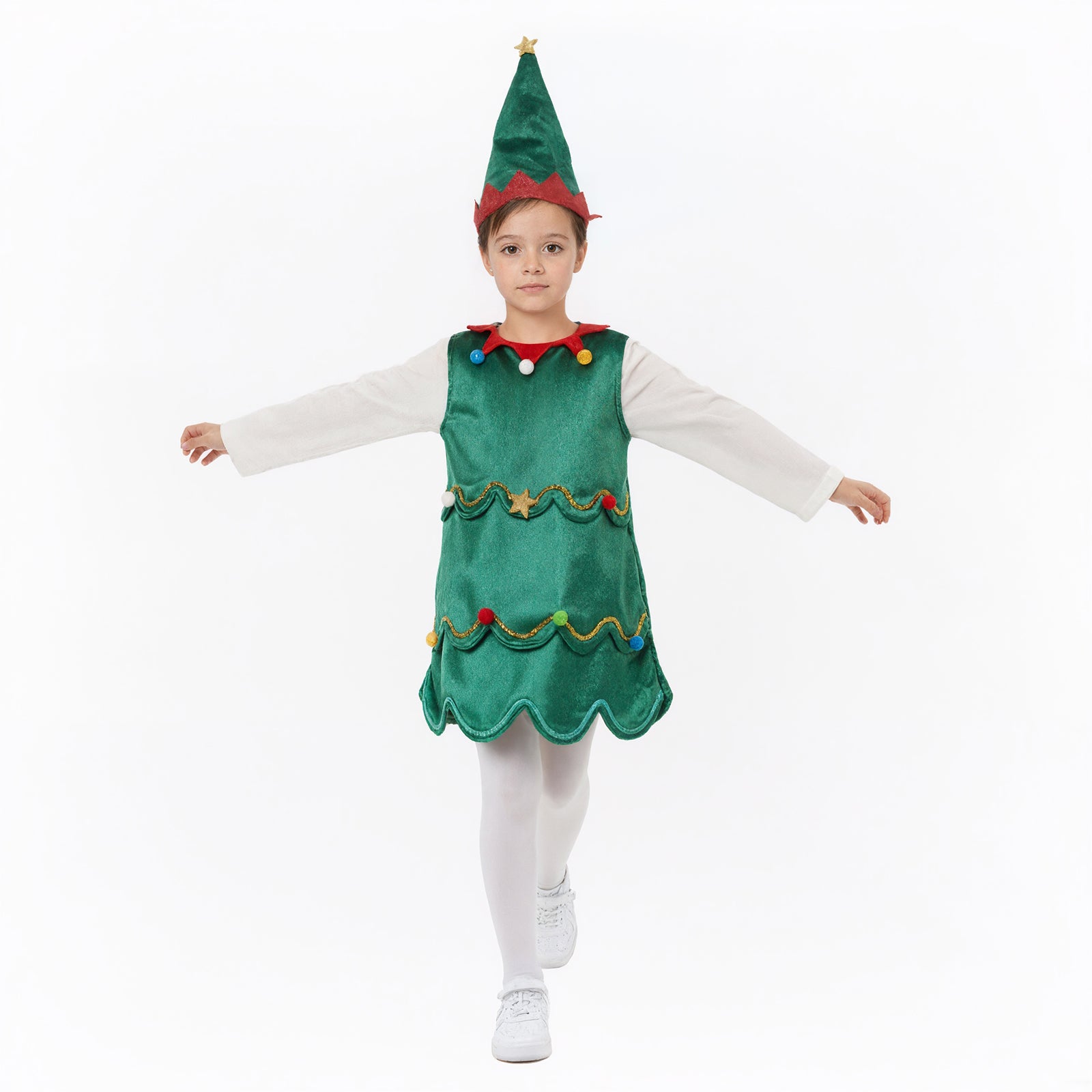 Kids Christmas Tree Costume Green Xmas Dress Hat and White Pantyhose for Girls