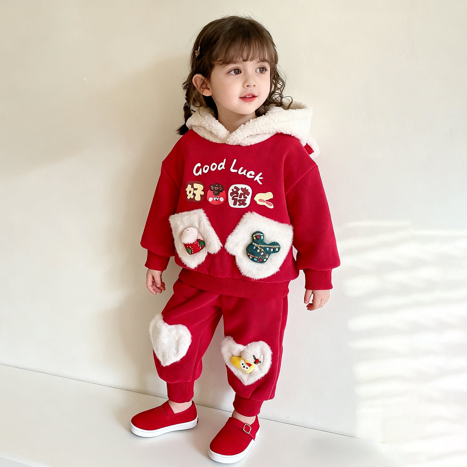 Baby Girls Christmas Hoodie Pants Suit Kids Thick Fleece Cozy Hooded Xmas Sweatshirt