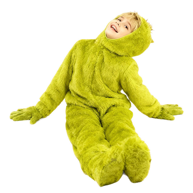 Green Monster Costume Christmas Furry Hooded Jumpsuit Gloves and Shoes Covers Suit for Kids Adults