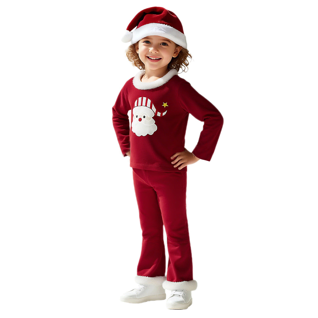 Toddler Kids Christmas Costume 3Pcs Velvet Tops Pants Hat Suit Little Santa XMAS Outfit for Gilrs