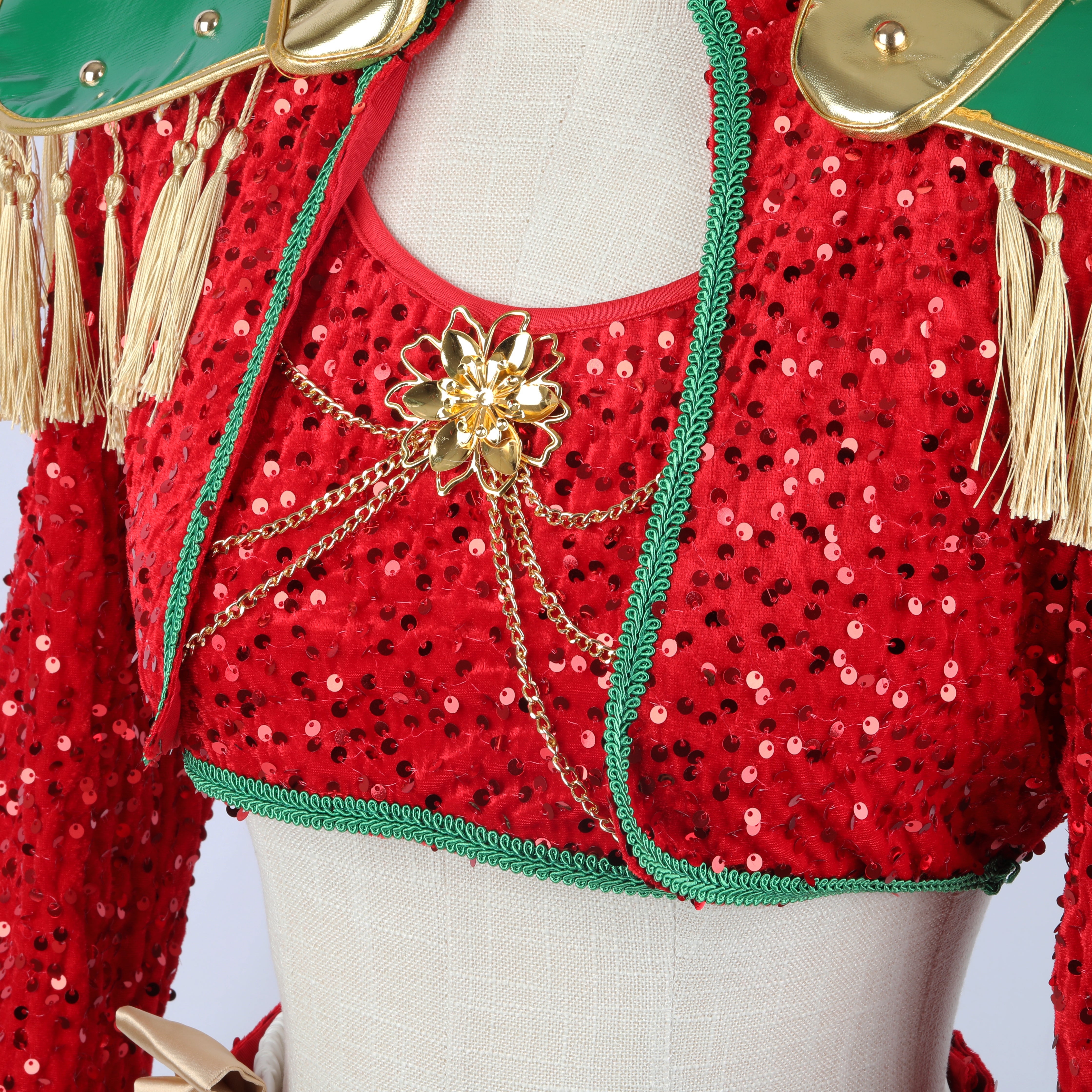 Xmas Pop Star Dress Festive Sequin Costume Tassel Crop Top Skirt Party Set