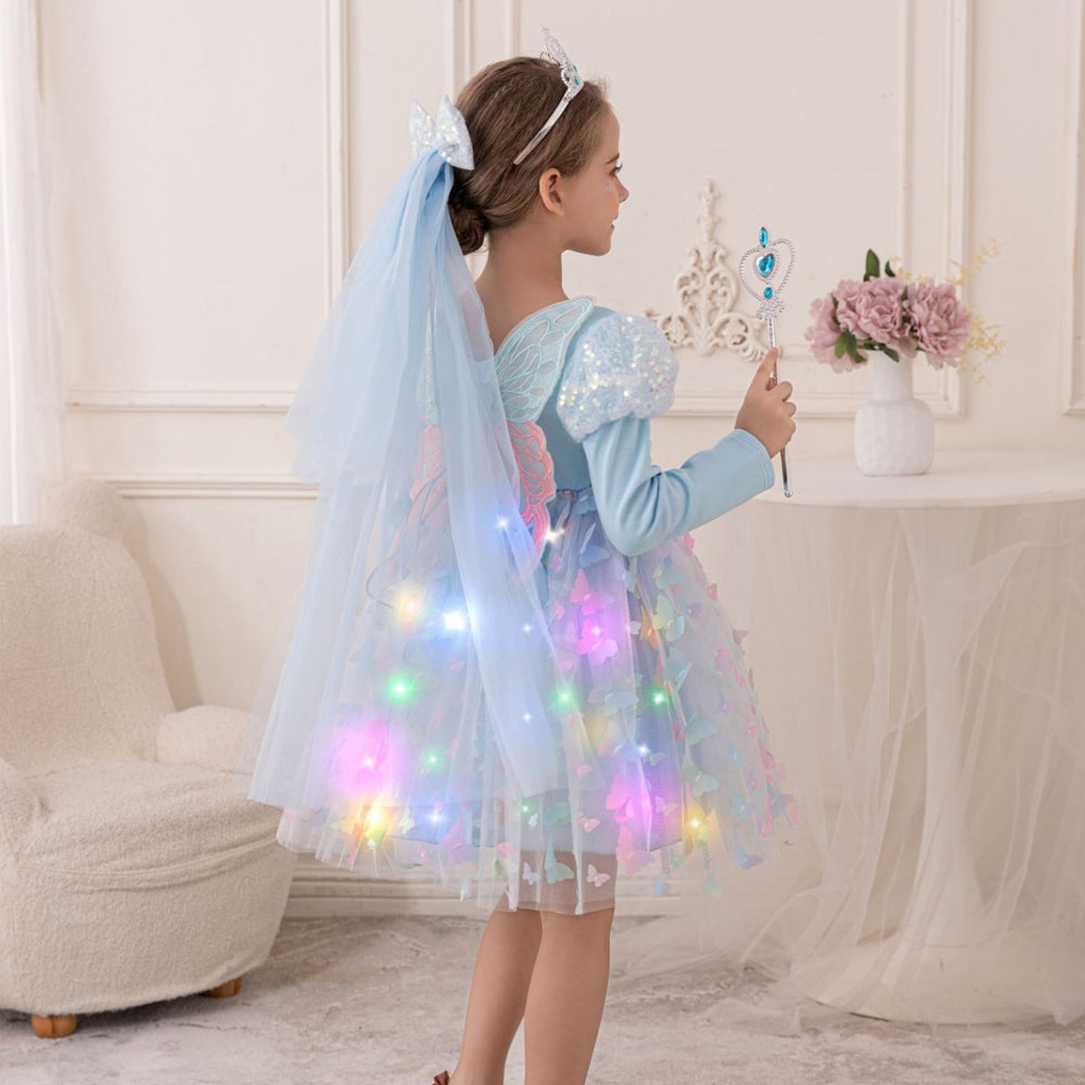 Girls Light Up Dress LED Long Sleeve Princess Party Dress with Fairy Wings and Tulle Bow Veil