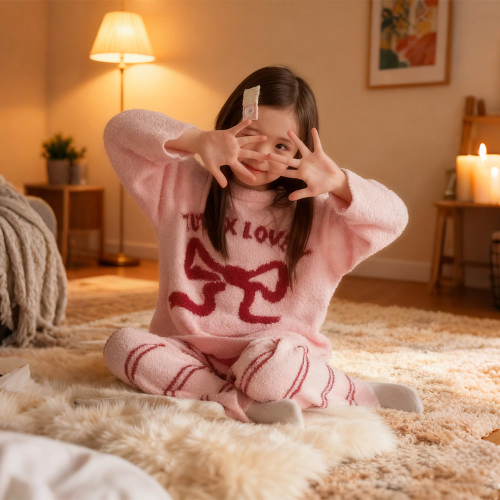 Girls Holiday Christmas Pajamas Soft Pink Sherpa Top with Striped Pants for Homewear