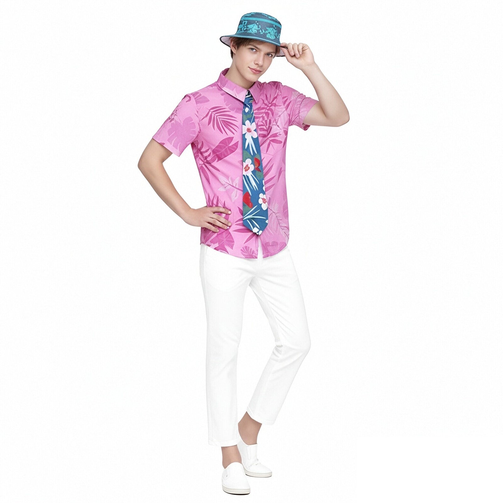 Nick Outfit Pink Shirt Pants Hat and Tie Costume Set for Vacation Cosplay