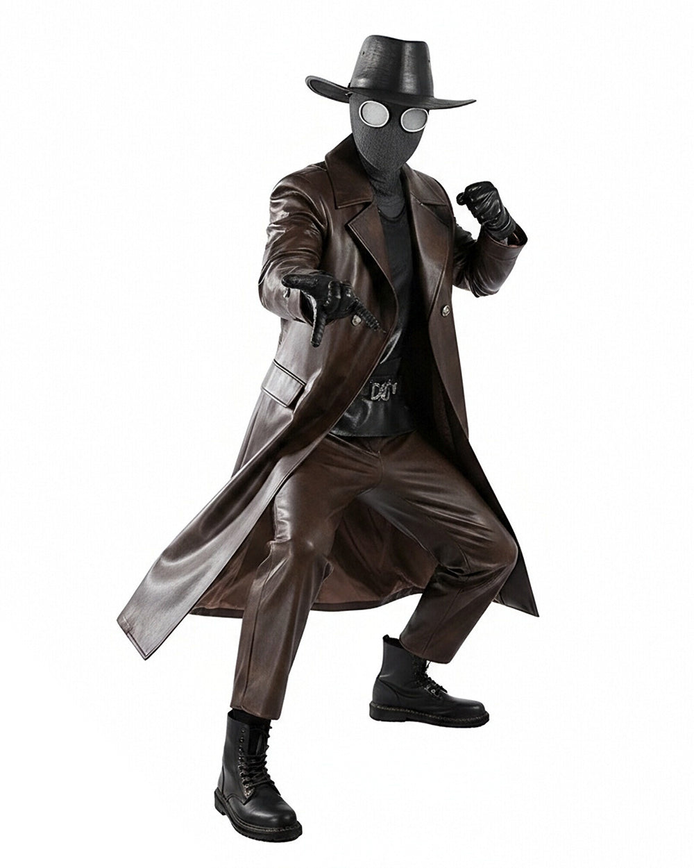 Mens 1930s Retro Spider Detective Costume Dark Brown Vintage Leather Trench Coat Hat with Accessories 8pcs Set for Comic Con