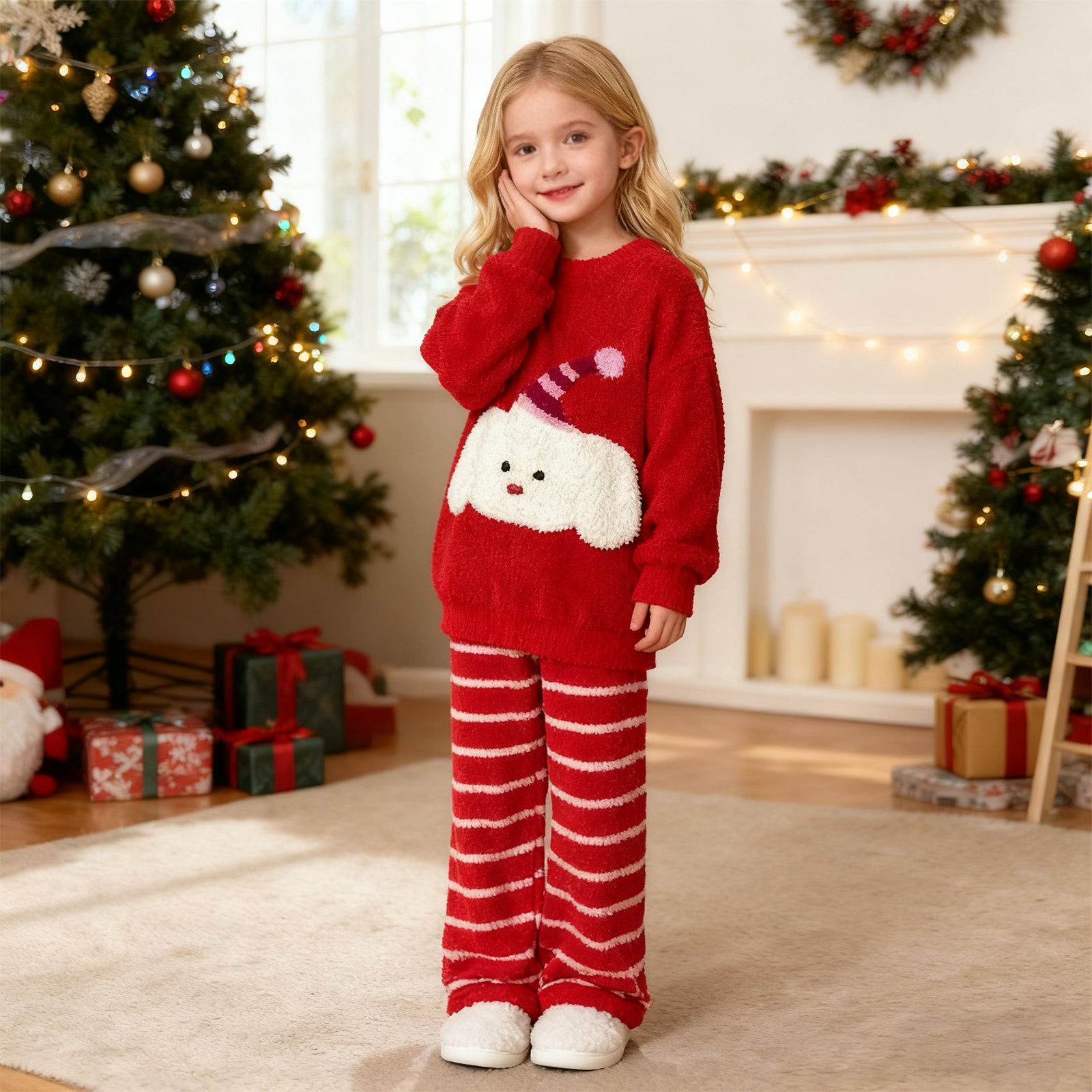 Girls Christmas Sleepwear Red Sweatshirt and Striped Pants for Xmas Eve