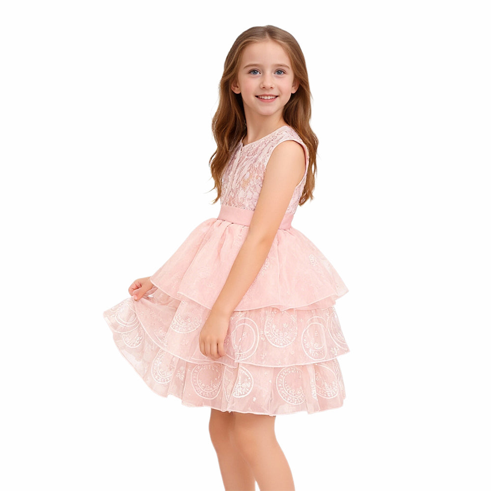 Pink Witch Dress Girls Sequin Tulle Gown with Layered Skirt Elegant Princess Costume