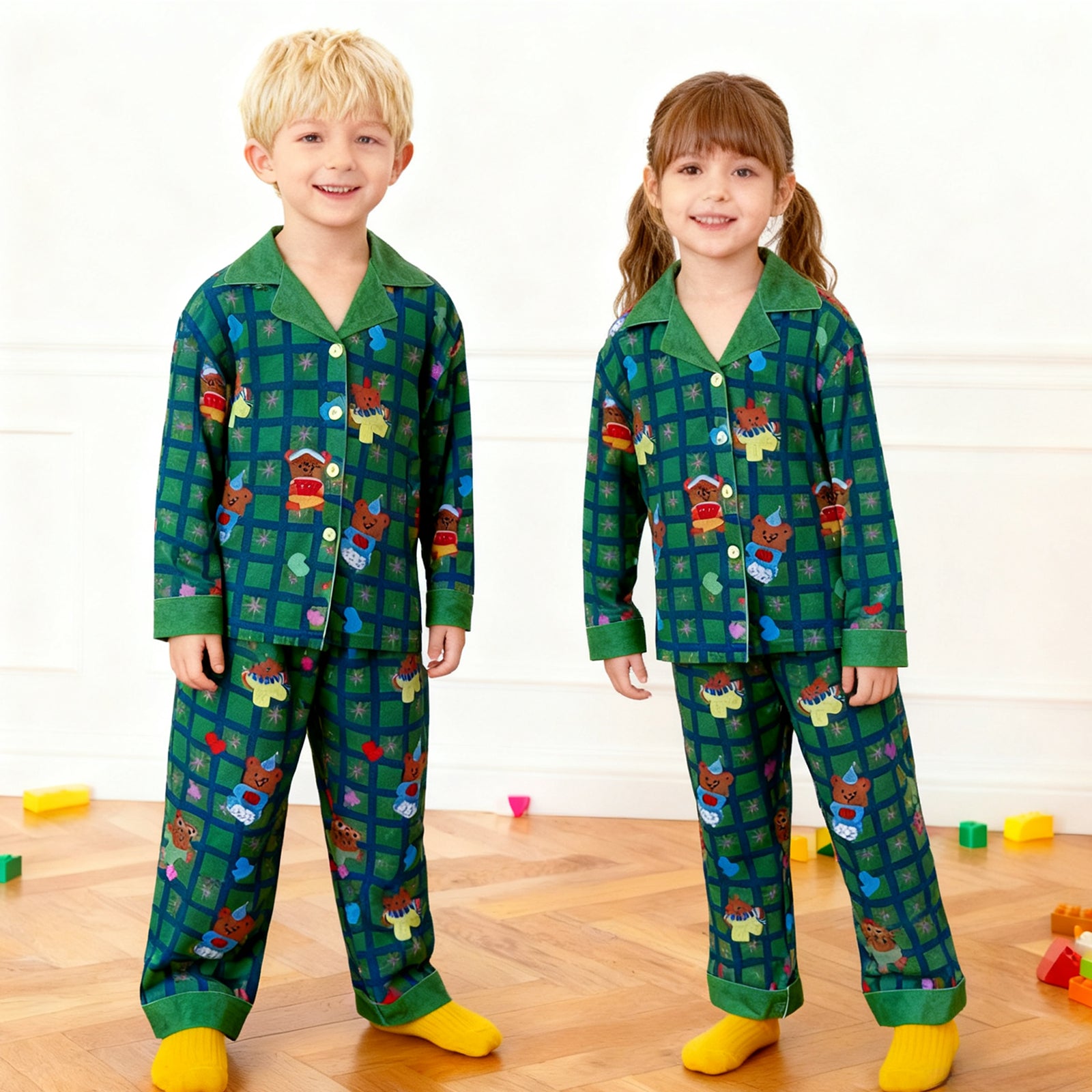 Kids Christmas Pajamas Unisex Green Long Sleeve Button Down Loungewear Plaid Xmas Jammies