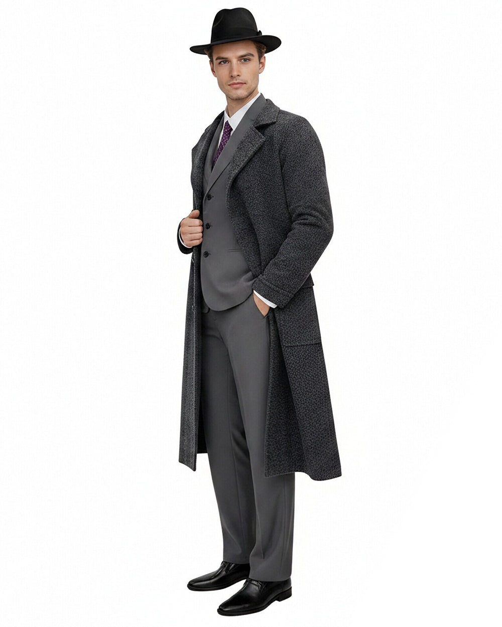 Mens Spider Hero Outfit Dark Gray Retro Overcoat Blazer and Hat Set for Stage Performance