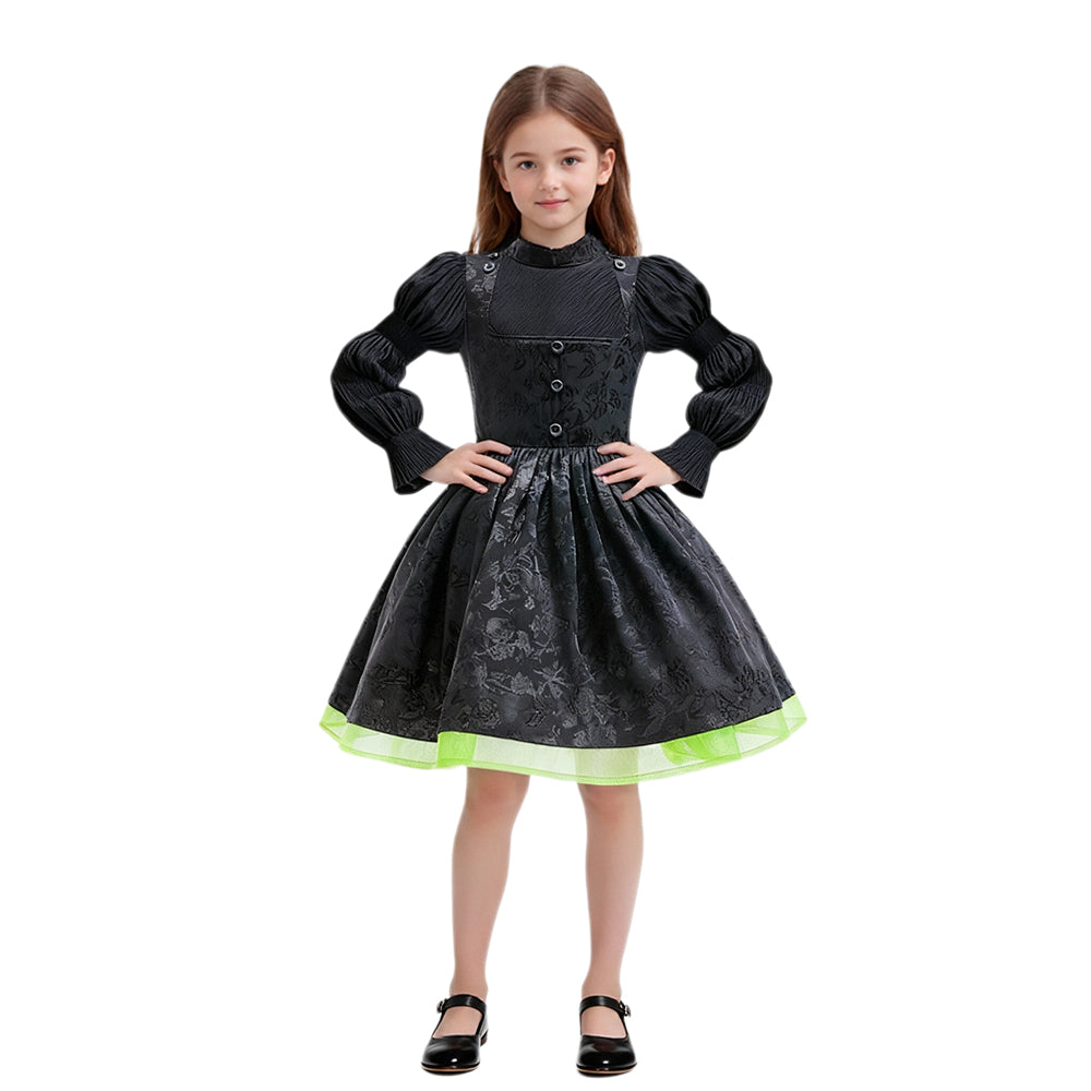Girls Witch Dress Black Vintage Ruffled Puff Sleeves Tiered Dress for Cosplay Events