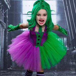 Girls Horror Clown Costume Crazy Joker Outfit Scary Purple Tutu Dress and Gloves for Dress Up Party