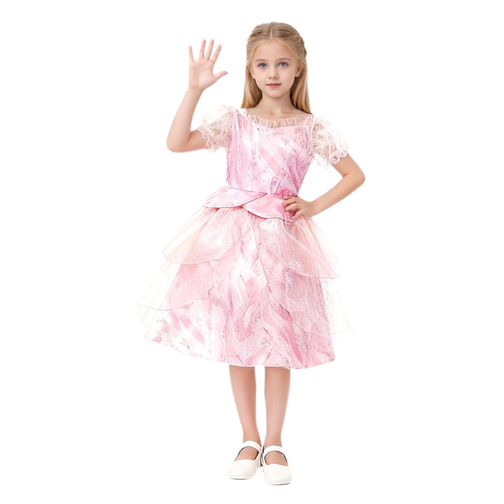 Girls Witch Dress Pink Princess Gown with Sheer Ruffled Sleeves Tiered Tulle Witch Costume