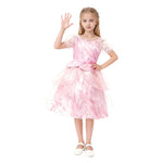 Girls Witch Dress Pink Princess Gown with Sheer Ruffled Sleeves Tiered Tulle Witch Costume