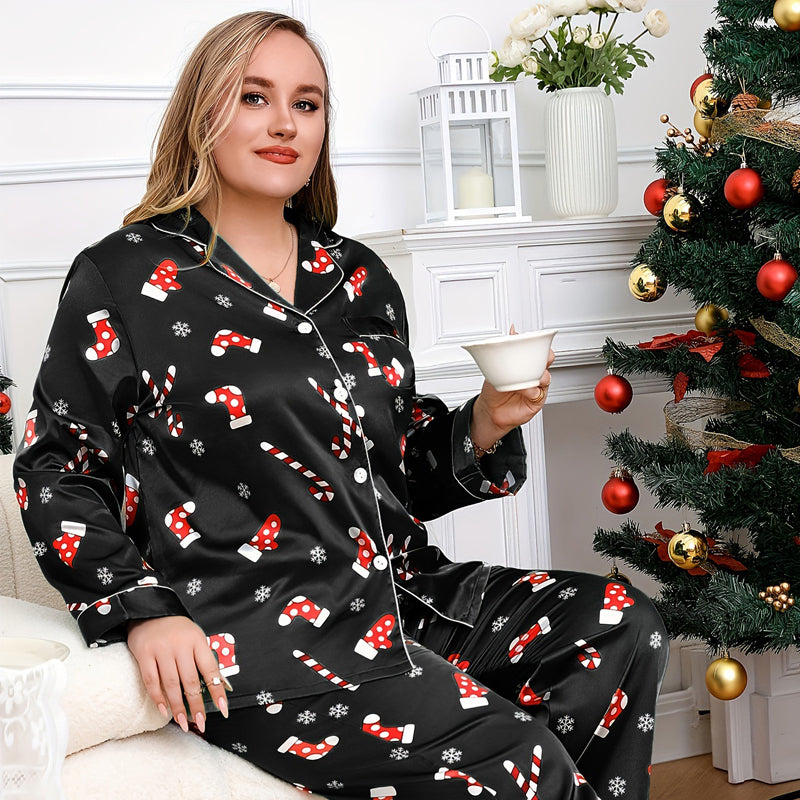 Lady Christmas Sleepwear Plus Size Satin PJS with Christmas Candy Cane for A Cozy Holiday