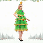Women Xmas Light Up Dress Christmas Tree Costume with Star Headband and Colorful Bauble Decor