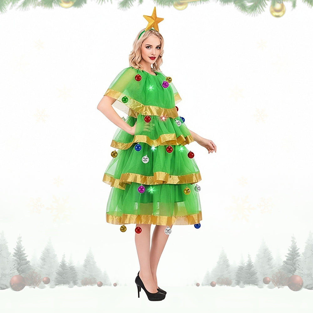 Women Xmas Light Up Dress Christmas Tree Costume with Star Headband and Colorful Bauble Decor