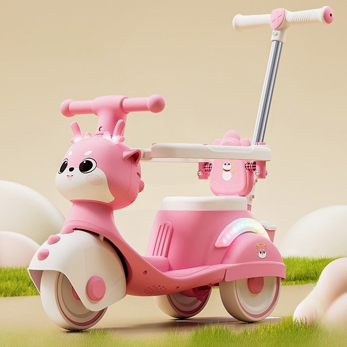 Toddler 3-IN-1 Ride on Car Baby Cartoon Push Car with Detachable Handle and Guardrail