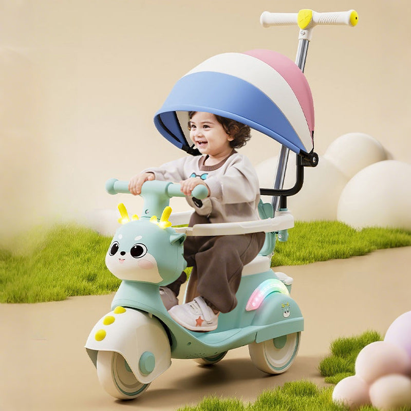 Toddler 3-IN-1 Ride on Car Baby Cartoon Push Car with Detachable Handle and Guardrail
