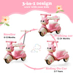 Cute 3-IN-1 Ride on Car Cartoon Baby's Push Car with Detachable Handle and Guardrail