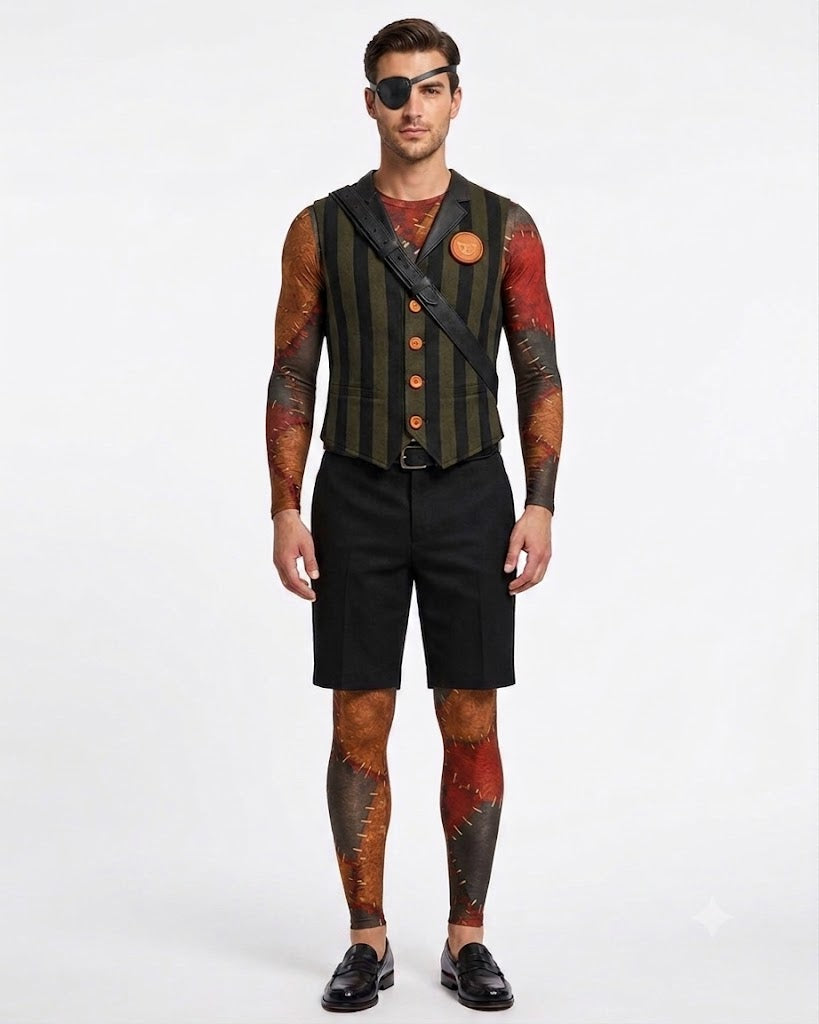 Mens Creepy Puppy Costume Retro One-Eyed Toy Dog Jumpsuit Vest and Short 3pcs Suit for Halloween Carnival